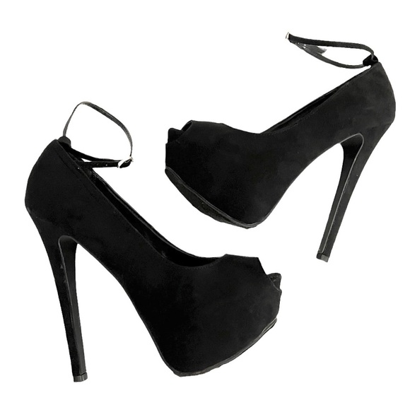 Black Ankle Strap Open Toe Heels - Picture 2 of 8